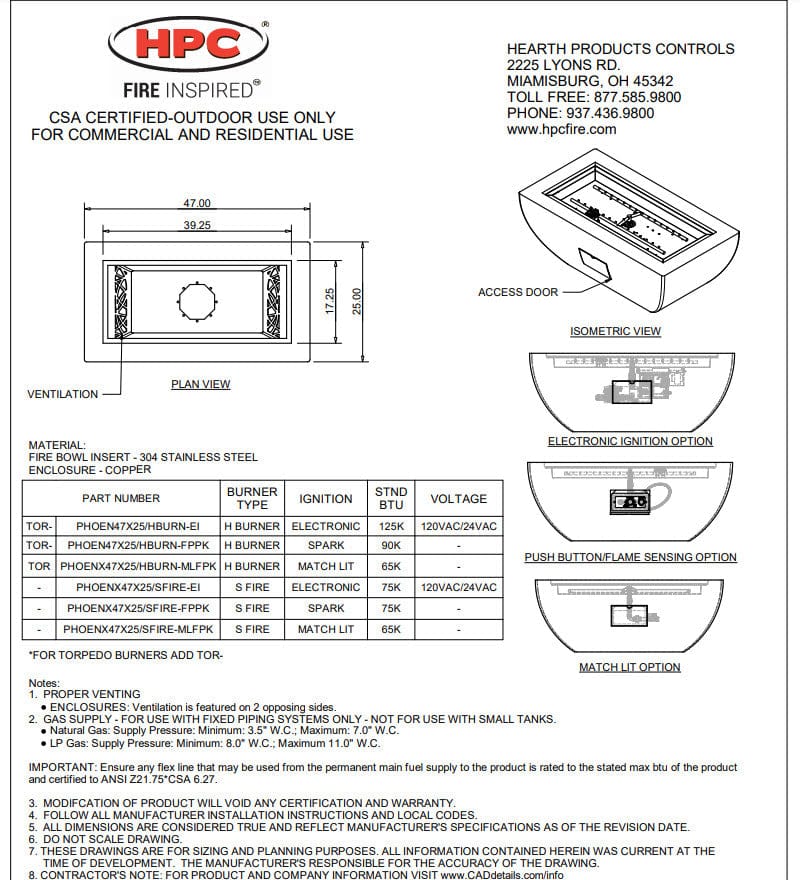 HPC Fire 47"x25" Phoenix Hammered Copper Gas Fire Bowl with Torpedo H-Burner