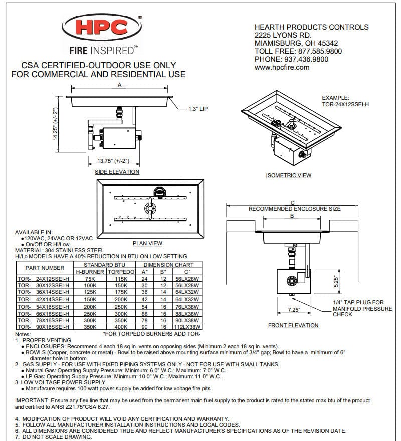 HPC Fire Torpedo H-Burner with Pan Electronic Ignition Gas Fire Pit Kit